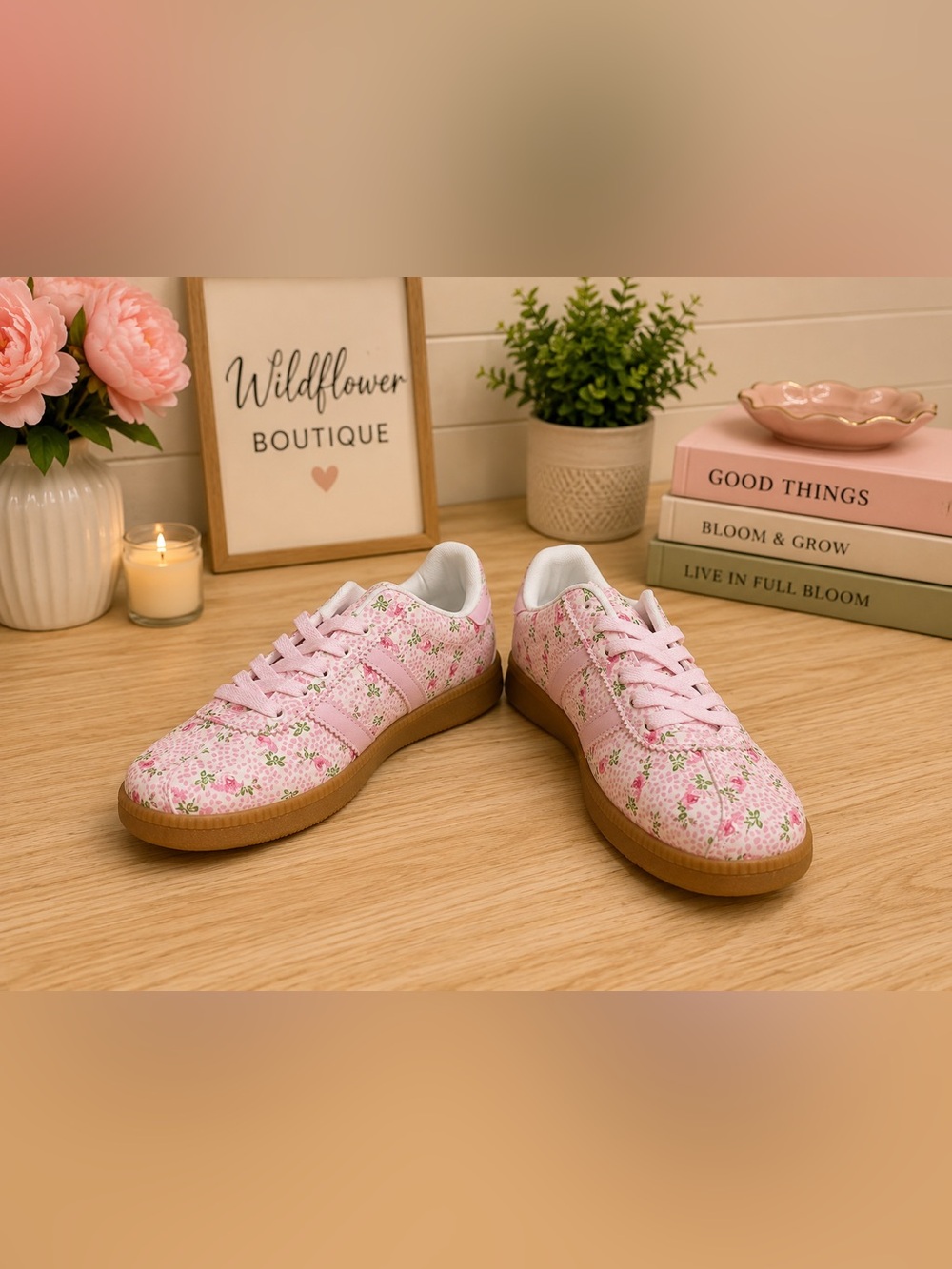 Women’s Pink Floral Low-Top Sneakers with Gum Sole